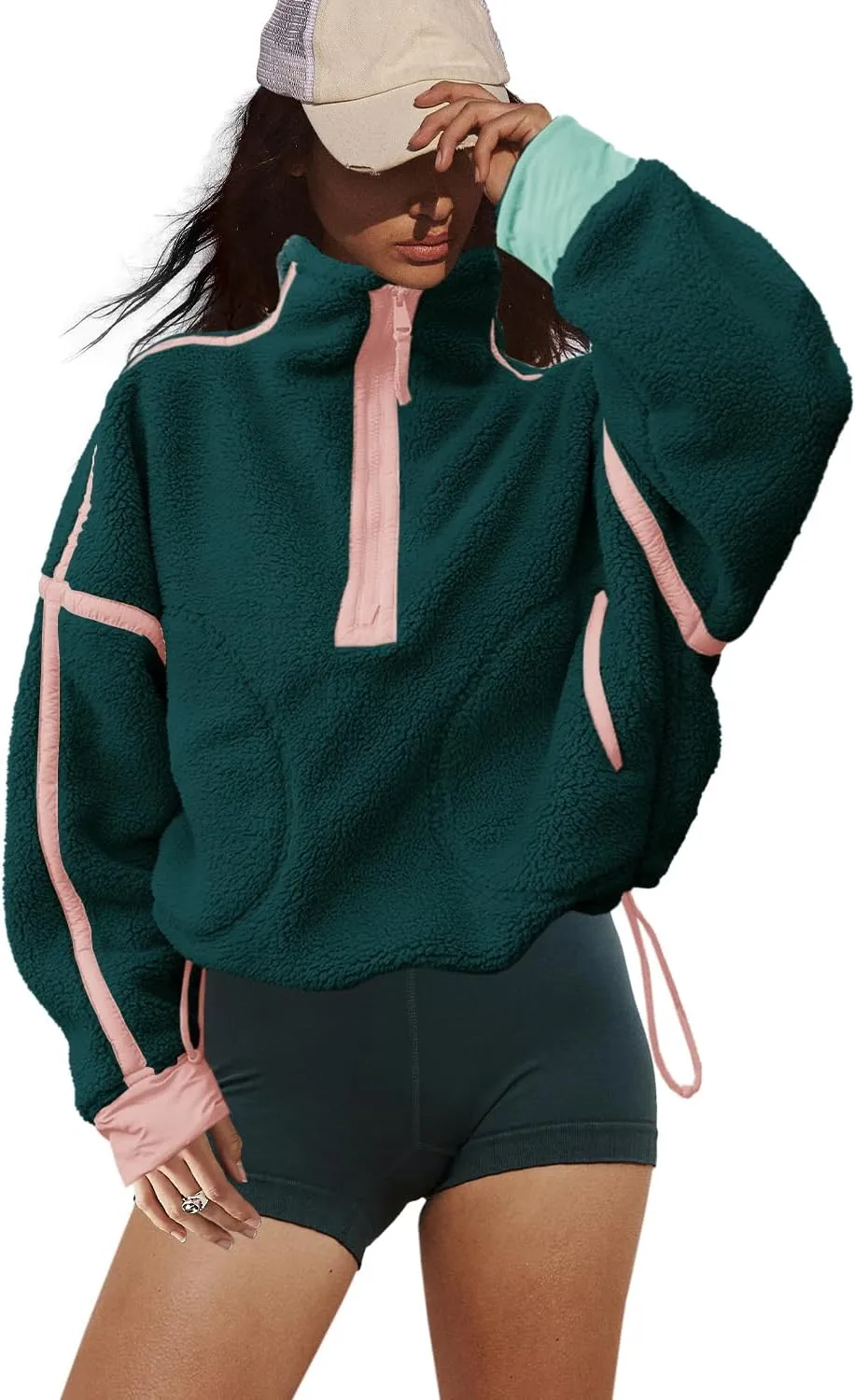 LAMISSCHE Half Zip Sweatshirt Women Oversized Sherpa Jacket V Neck Fleece Pullover Hoodie with Pockets