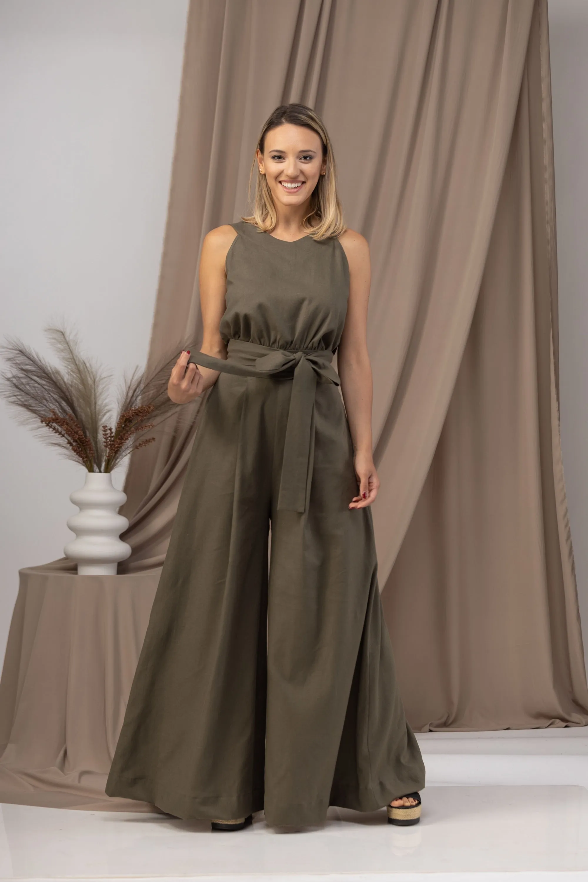 Linen Wide Leg Jumpsuit with Belt