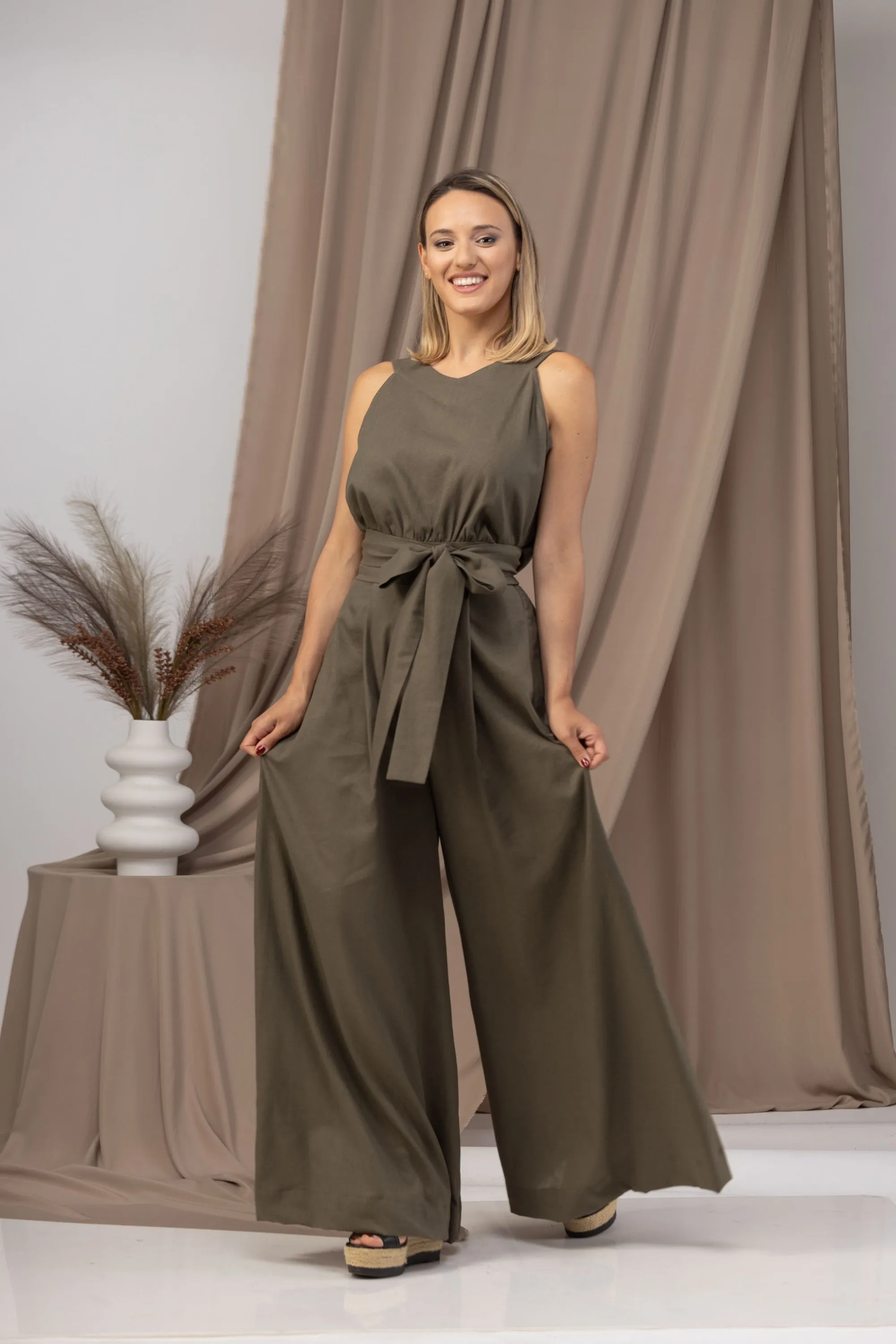 Linen Wide Leg Jumpsuit with Belt