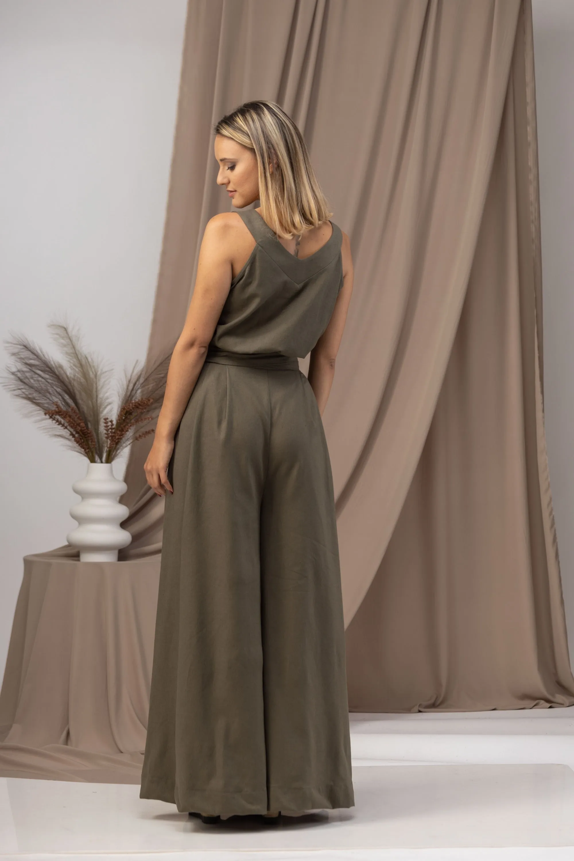 Linen Wide Leg Jumpsuit with Belt
