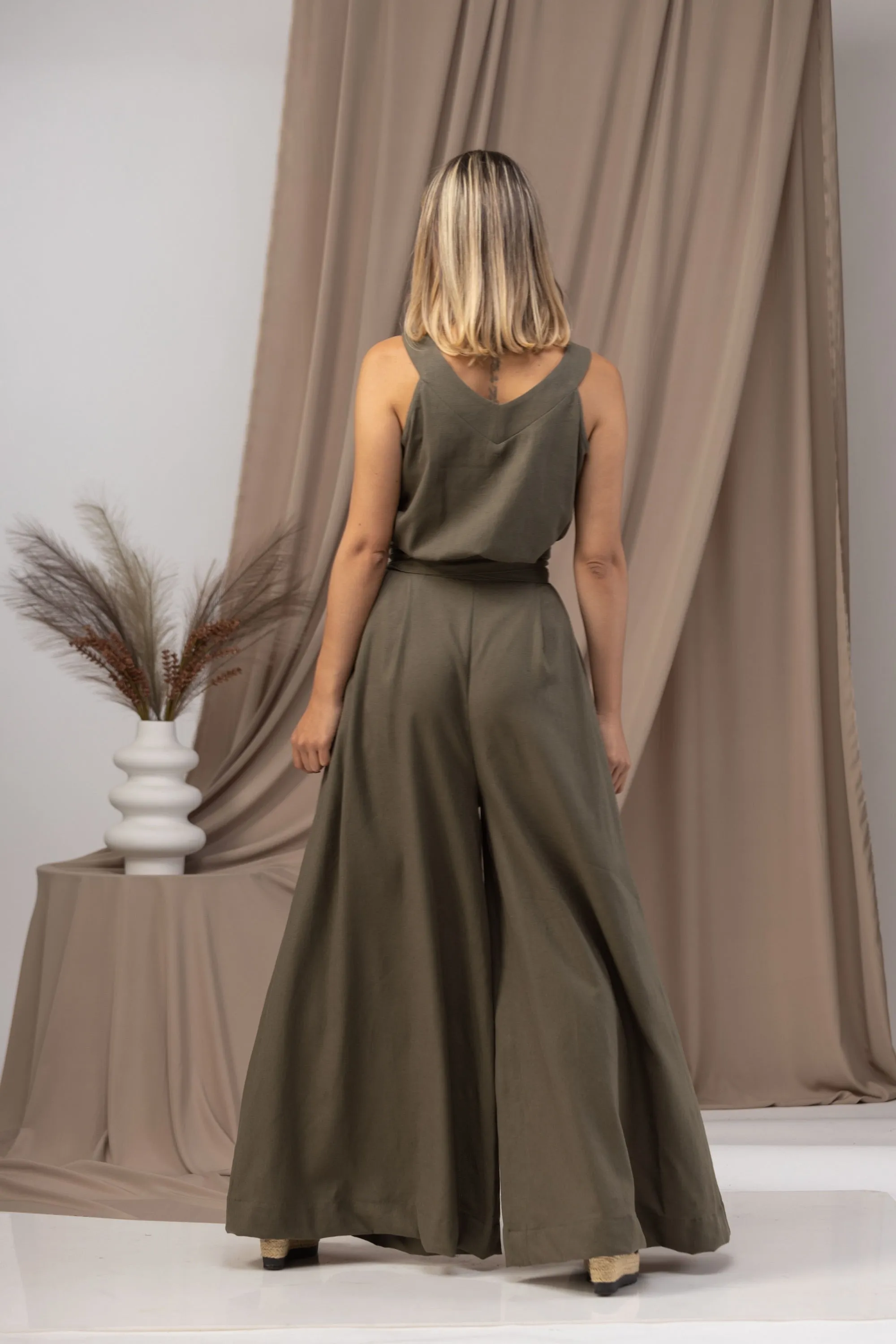 Linen Wide Leg Jumpsuit with Belt