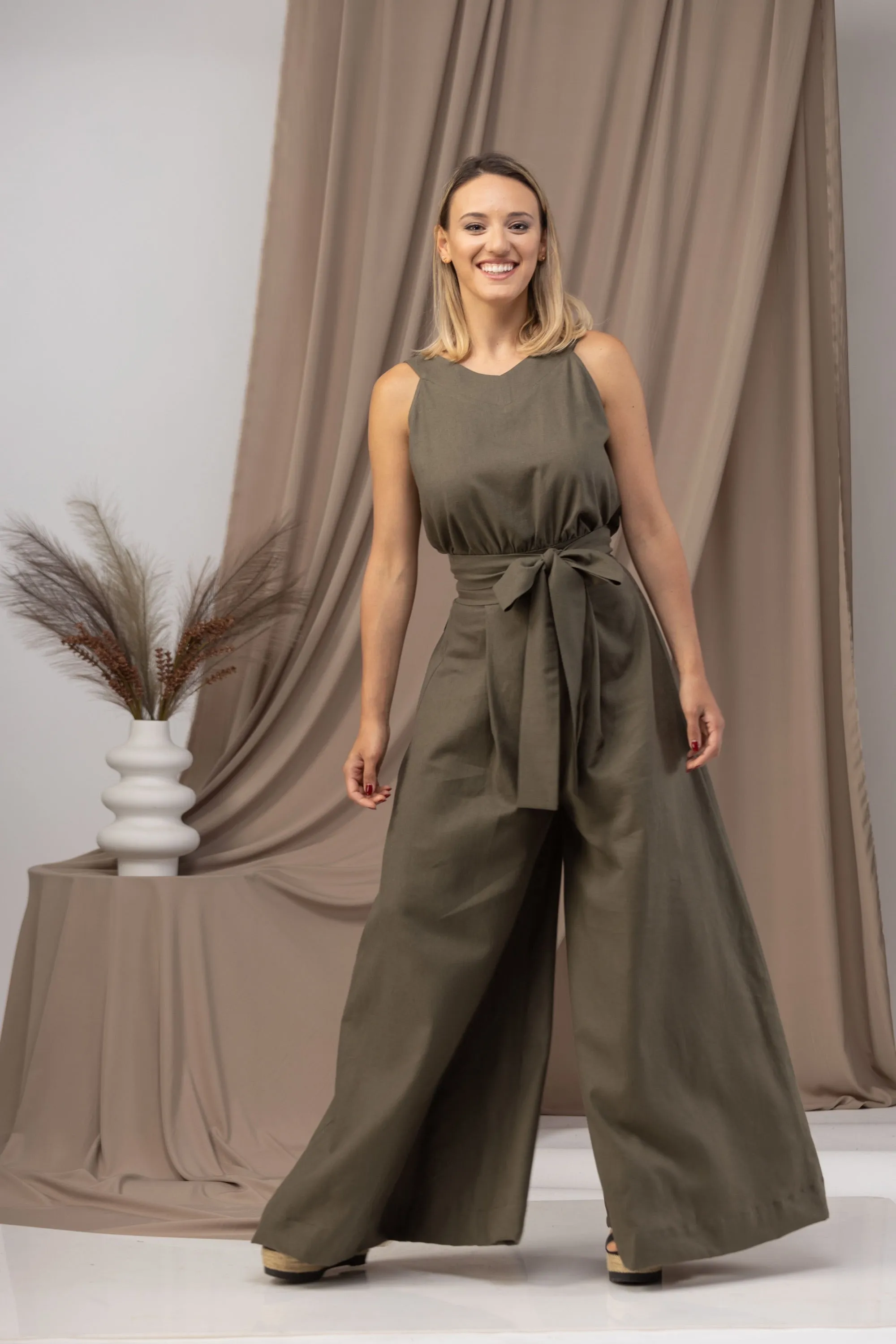 Linen Wide Leg Jumpsuit with Belt