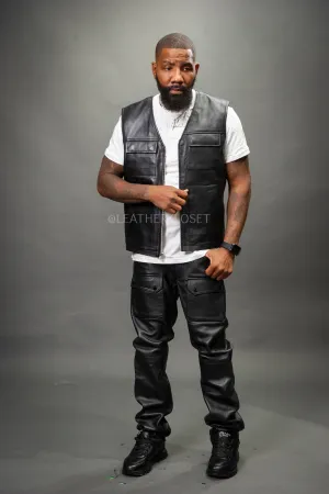 Men's Leather Brooklyn Vest With Leather Cargo Pants [Black]