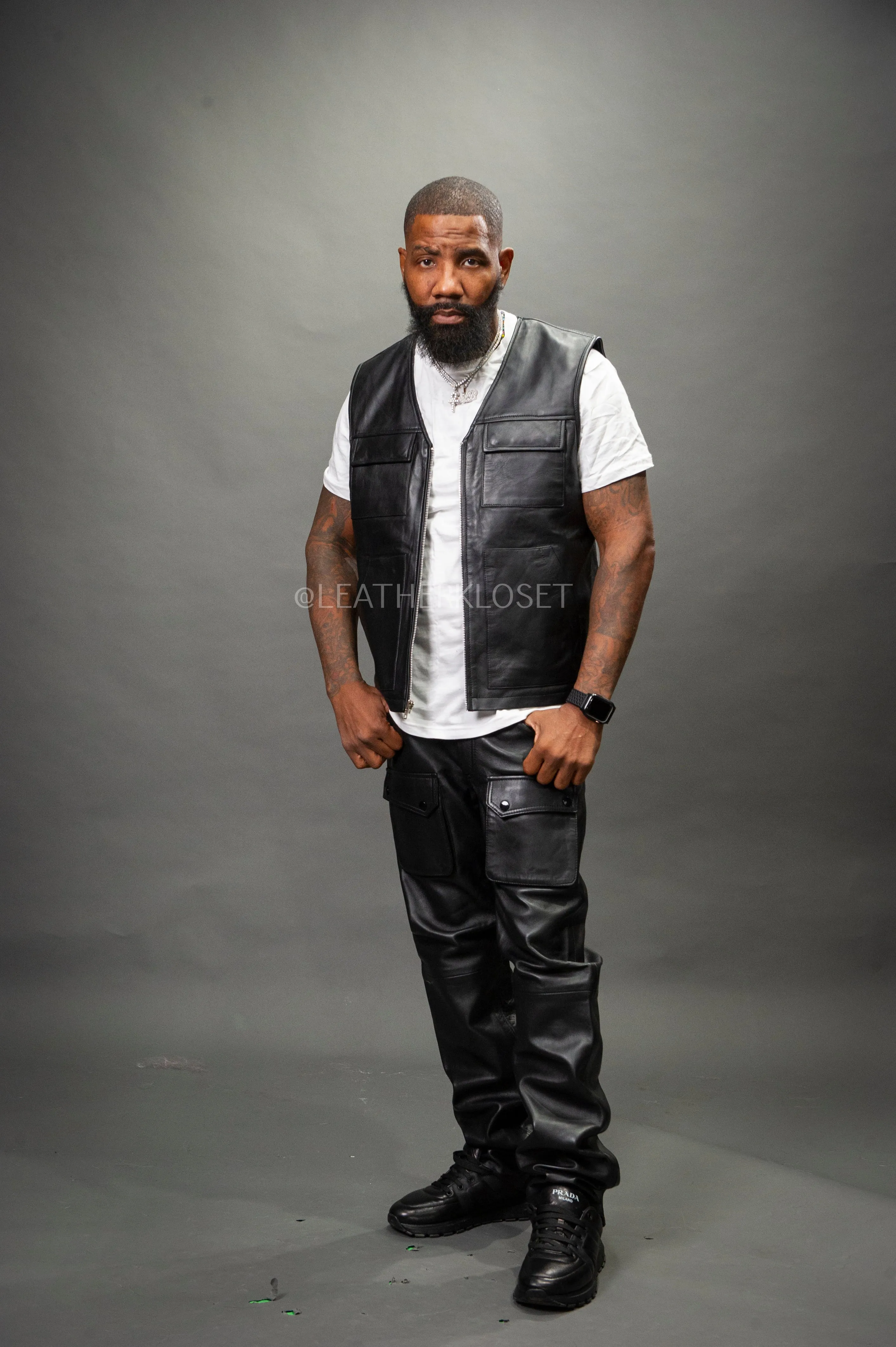 Men's Leather Brooklyn Vest With Leather Cargo Pants [Black]