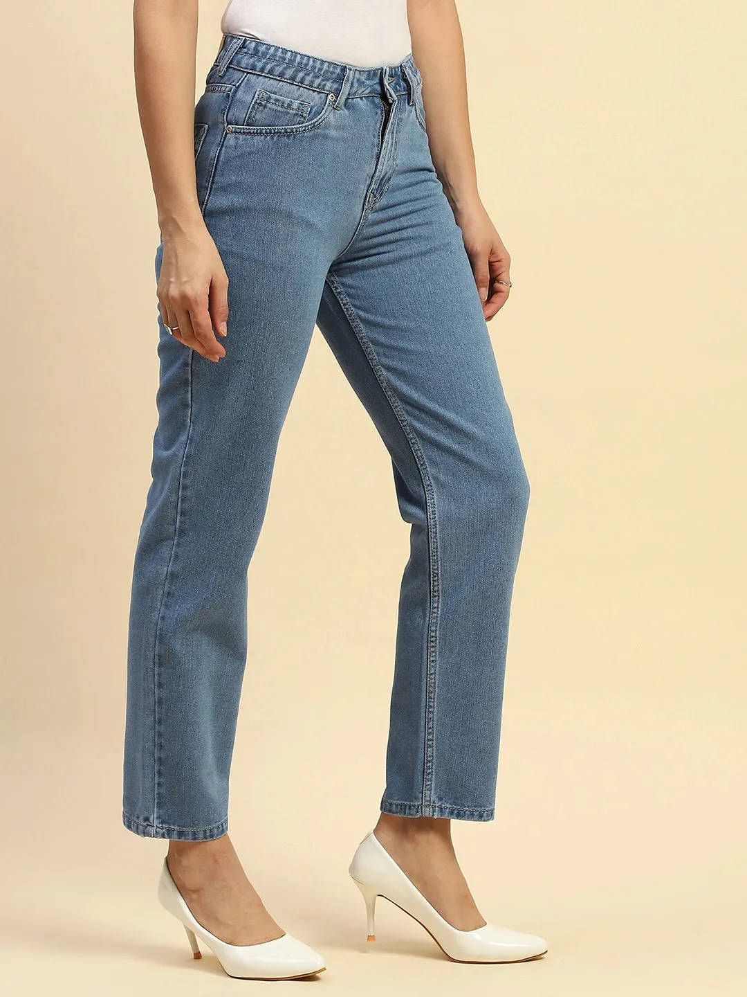 Mid Blue Cotton Blend Mom Fit Jeans For Women