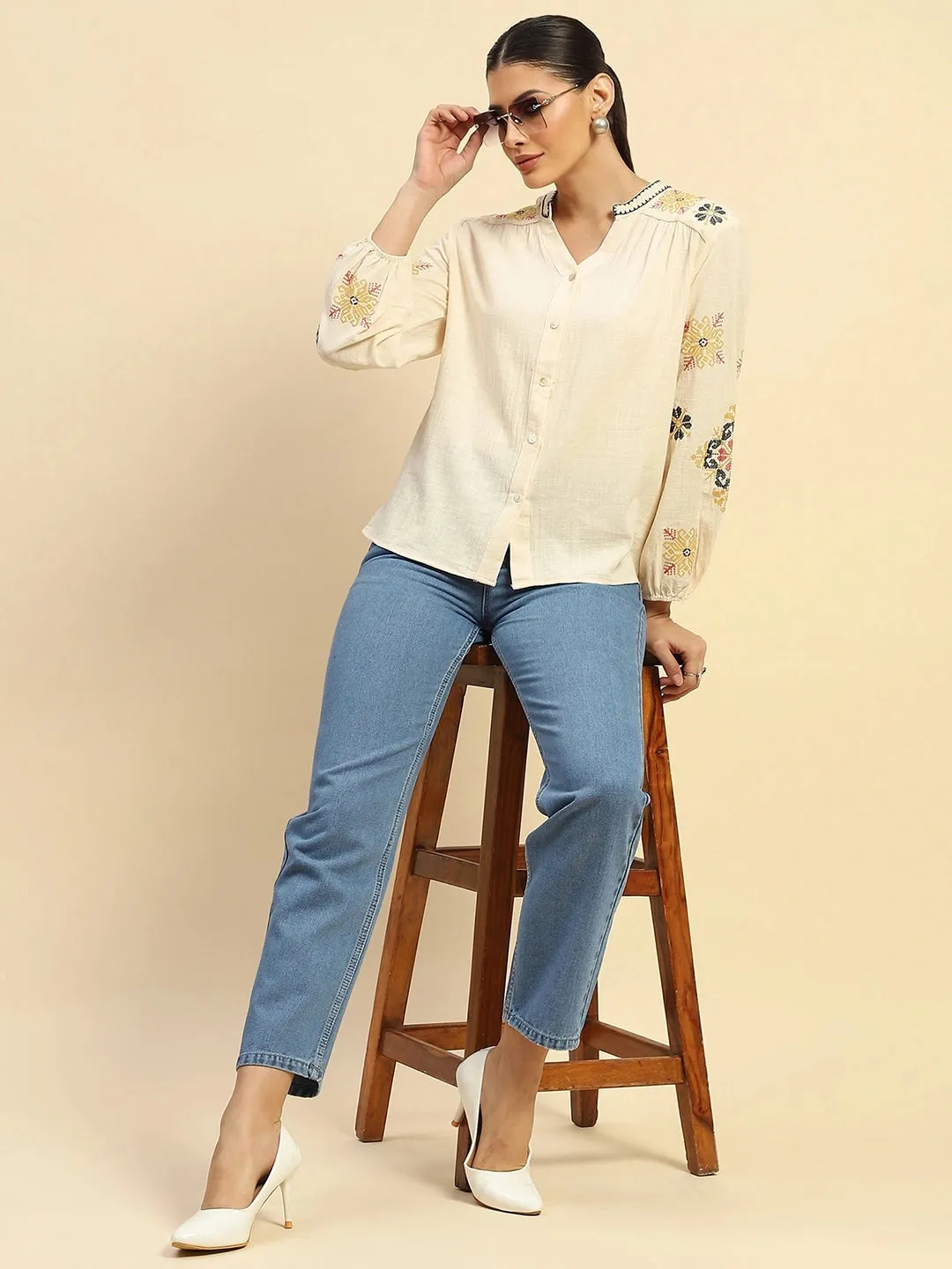 Mid Blue Cotton Blend Mom Fit Jeans For Women