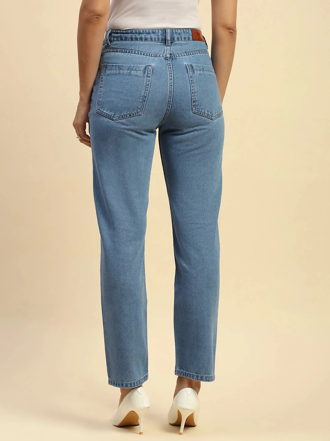 Mid Blue Cotton Blend Mom Fit Jeans For Women