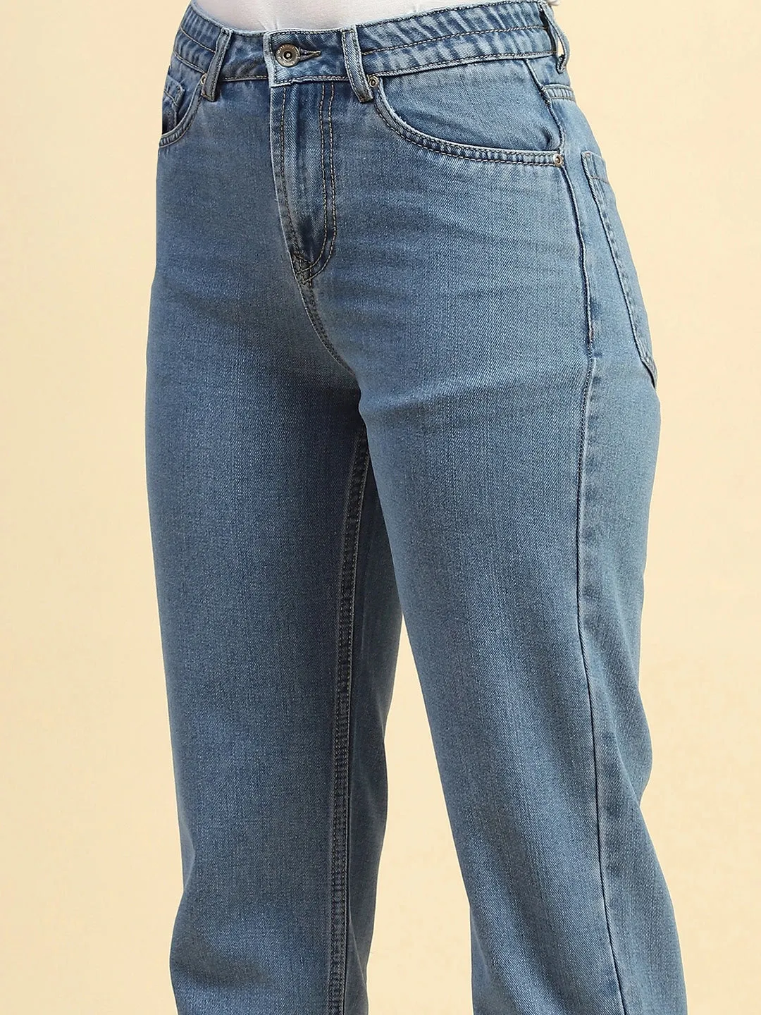 Mid Blue Cotton Blend Mom Fit Jeans For Women