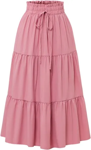 Midi Skirt for Women Summer Tiered Drawstring High Waisted Knee Length Skirt Pleated Aline Elegant Solid Color Skirt
