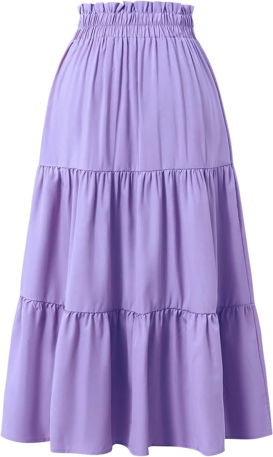 Midi Skirts for Women Summer Tiered Drawstring Elastic Waist Knee Length Skirts Pleated A Line Boho Solid Plain Skirts