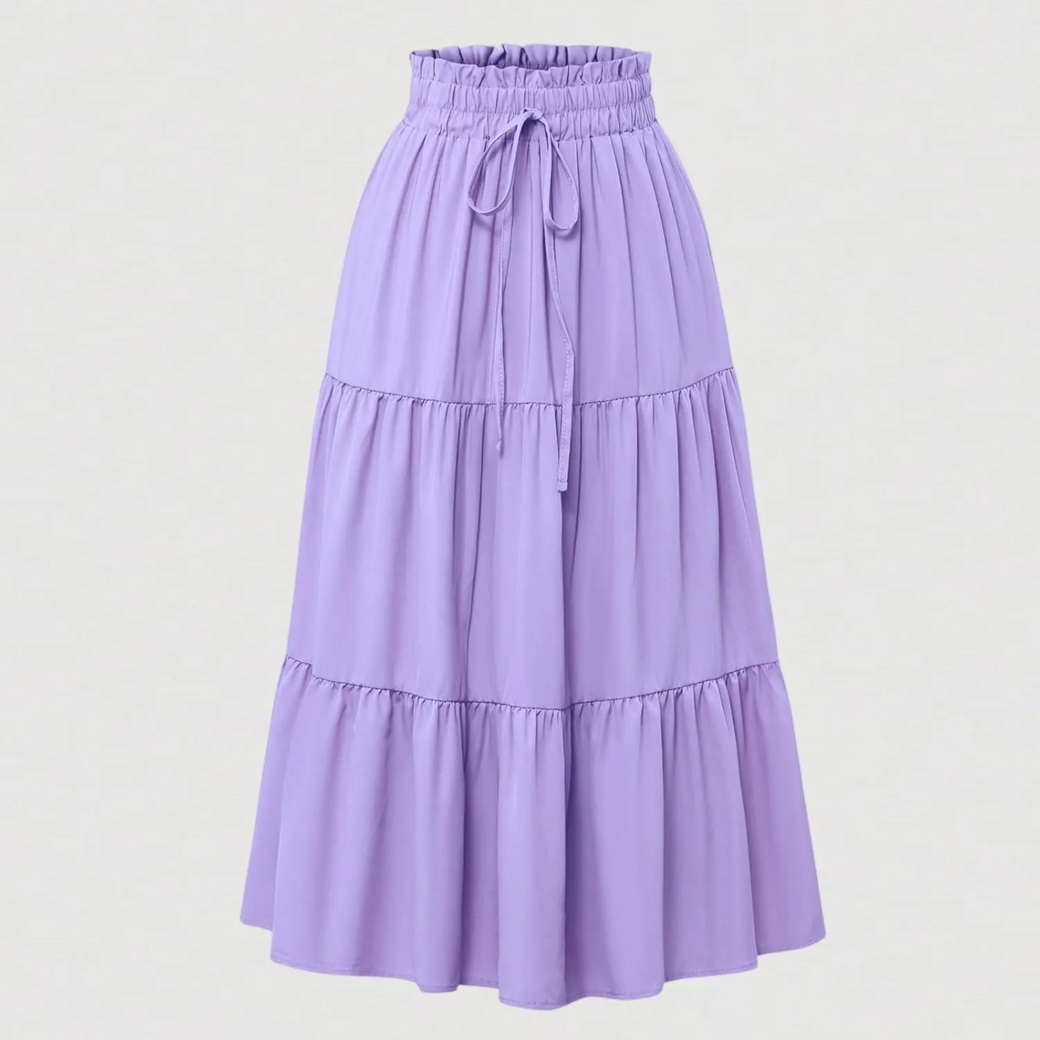 Midi Skirts for Women Summer Tiered Drawstring Elastic Waist Knee Length Skirts Pleated A Line Boho Solid Plain Skirts