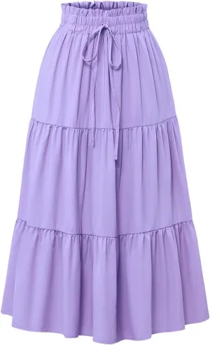 Midi Skirts for Women Summer Tiered Drawstring Elastic Waist Knee Length Skirts Pleated A Line Boho Solid Plain Skirts