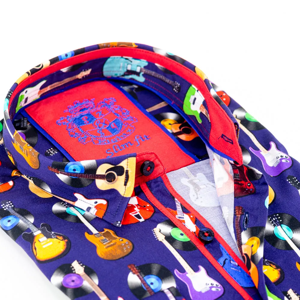 Navy Guitars And Records Button Down Print Shirt