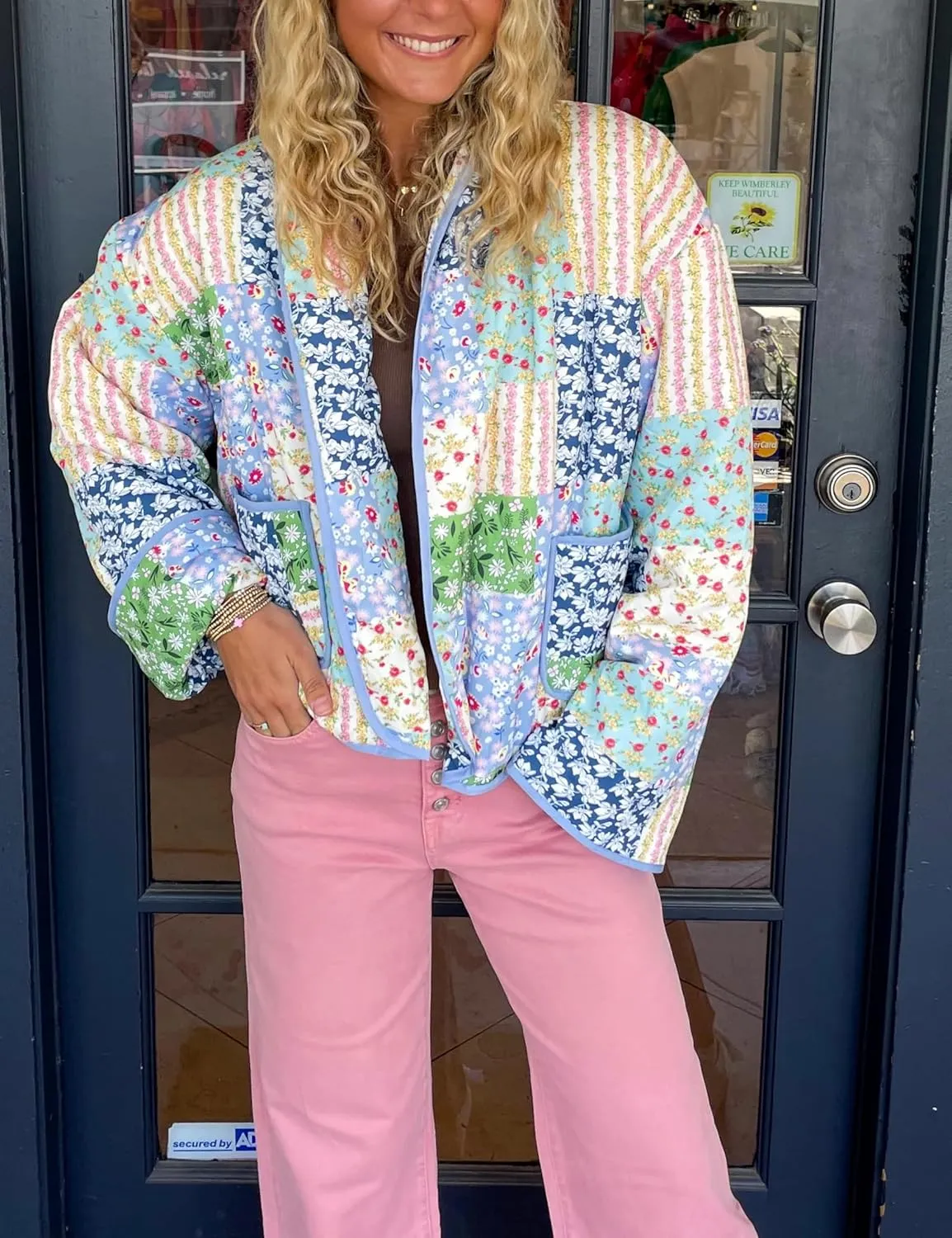 Omoone Women's Quilted Jacket Cardigan Lightweight Floral Print Open Front Padded Puffer Jackets