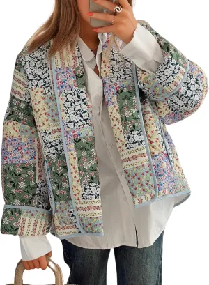 Omoone Women's Quilted Jacket Cardigan Lightweight Floral Print Open Front Padded Puffer Jackets