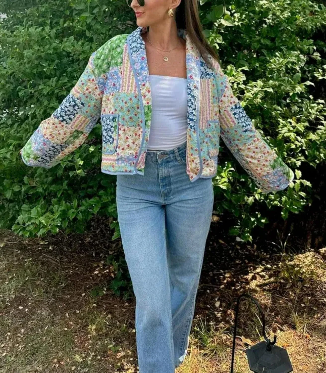 Omoone Women's Quilted Jacket Cardigan Lightweight Floral Print Open Front Padded Puffer Jackets