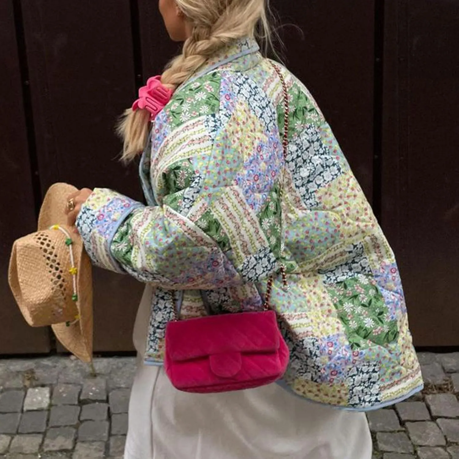 Omoone Women's Quilted Jacket Cardigan Lightweight Floral Print Open Front Padded Puffer Jackets
