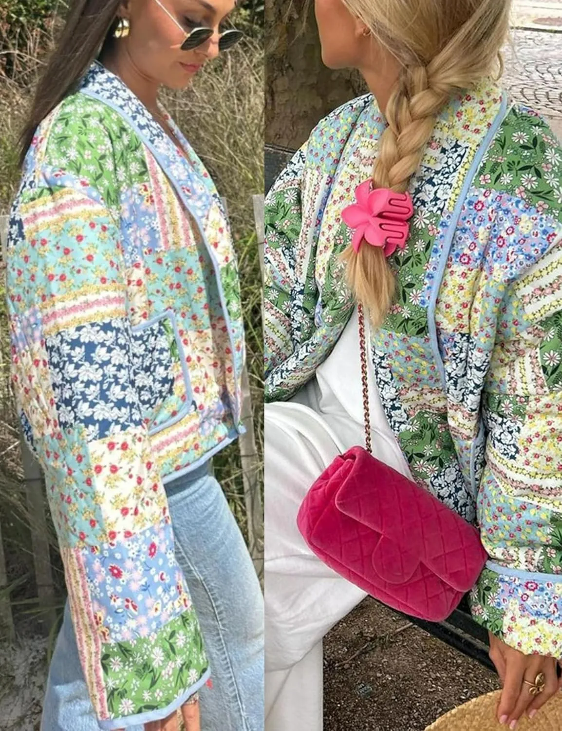 Omoone Women's Quilted Jacket Cardigan Lightweight Floral Print Open Front Padded Puffer Jackets