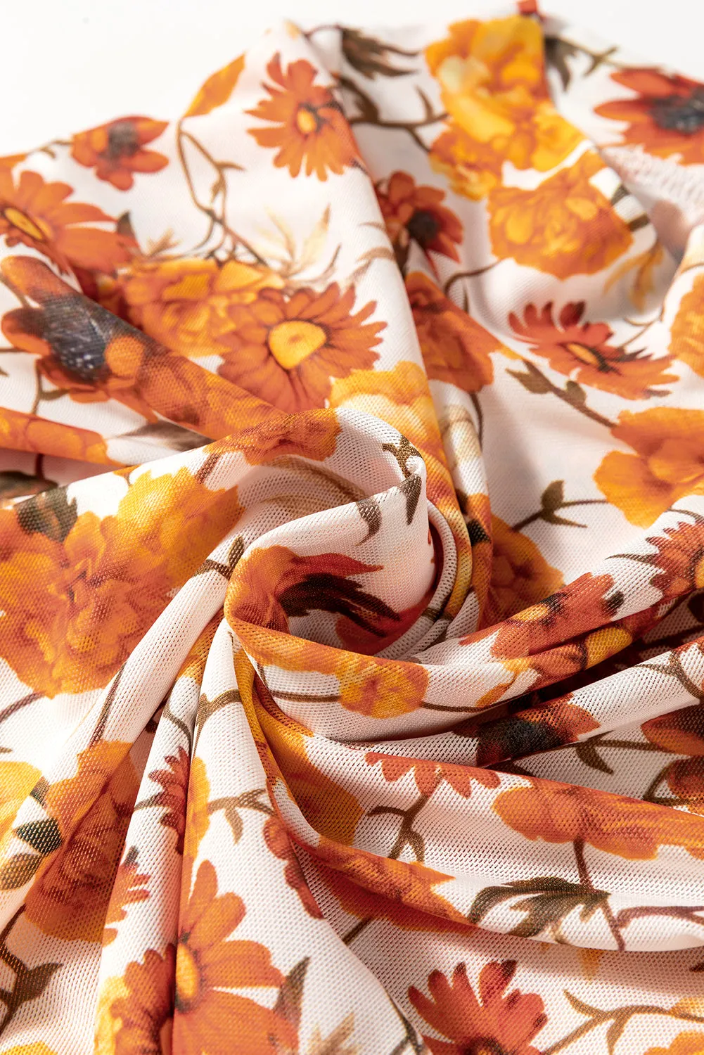 Orange Floral Print Bell Sleeve Mock Neck Scallop Trim Blouse
