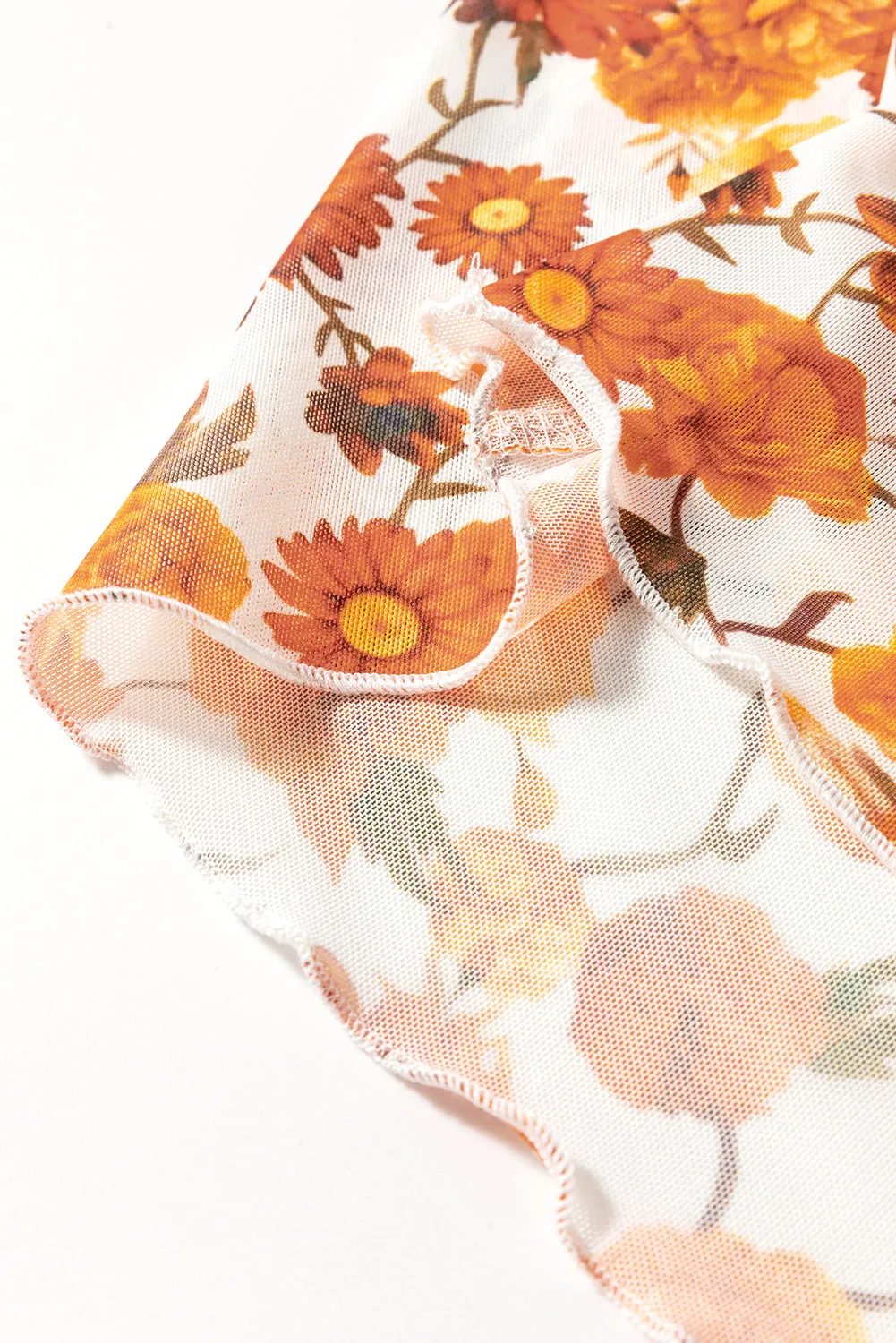 Orange Floral Print Bell Sleeve Mock Neck Scallop Trim Blouse