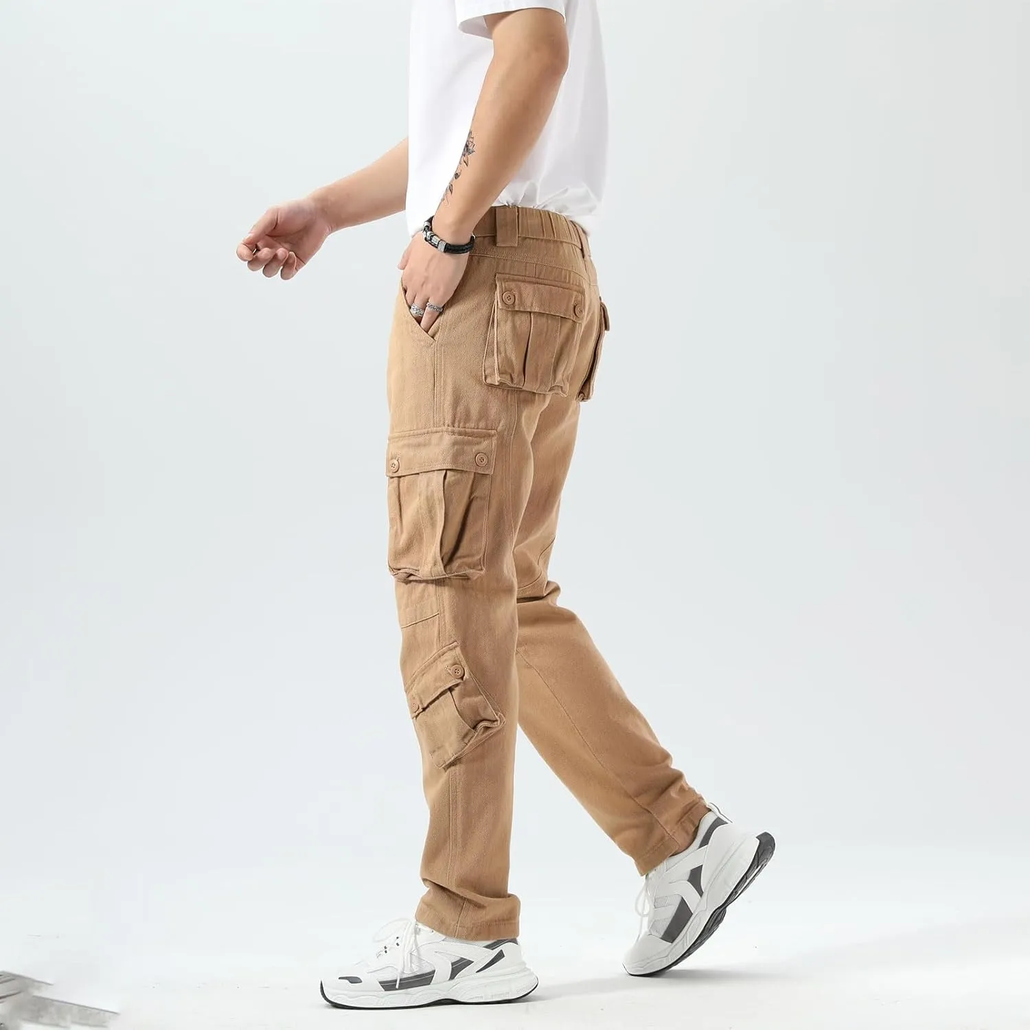 Plaid&Plain Cargo Pants for Men - Straight Fit with Extra Storage and Drawstring Tie