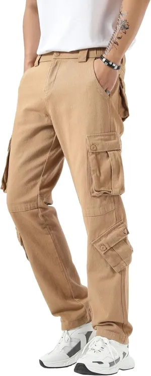 Plaid&Plain Cargo Pants for Men - Straight Fit with Extra Storage and Drawstring Tie