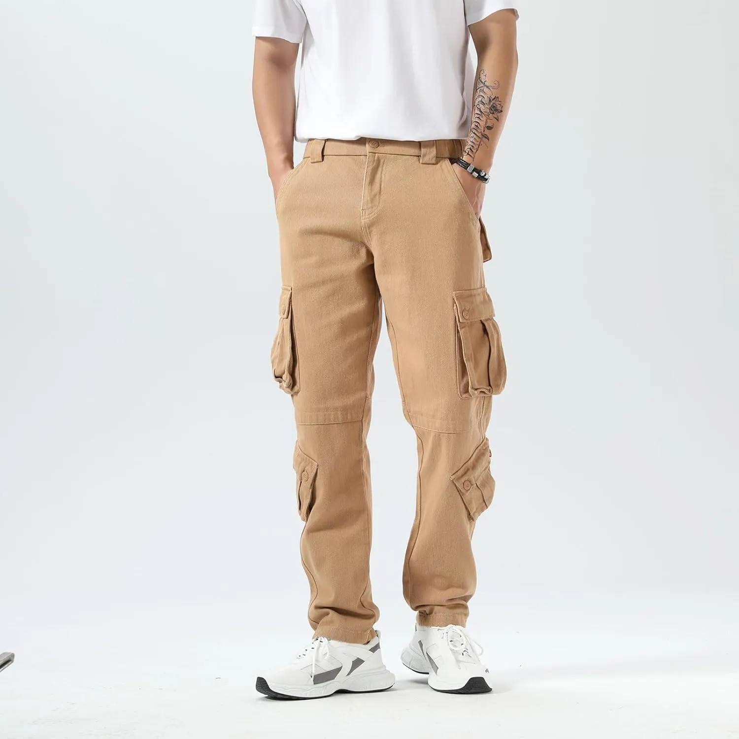 Plaid&Plain Cargo Pants for Men - Straight Fit with Extra Storage and Drawstring Tie