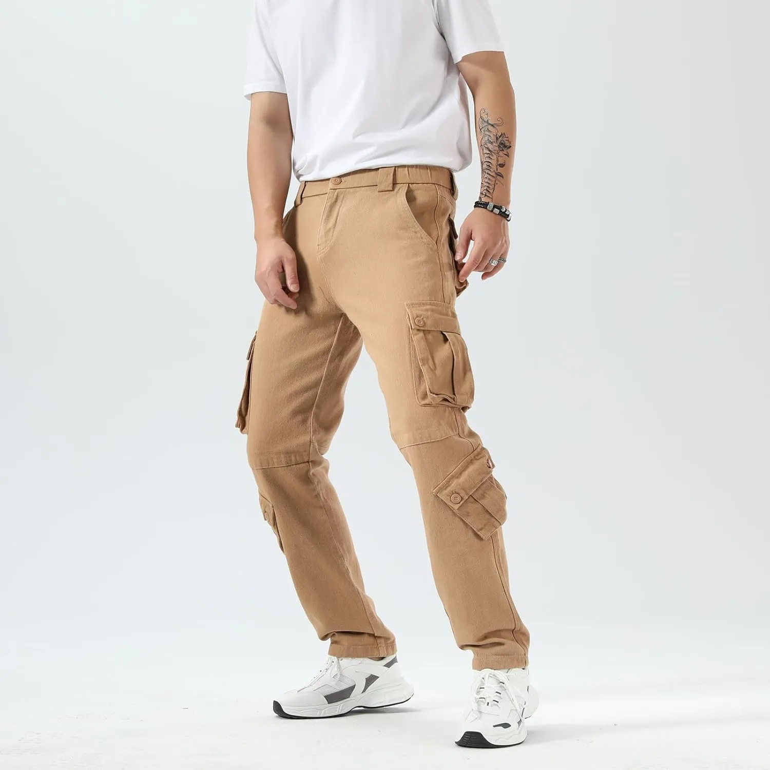 Plaid&Plain Cargo Pants for Men - Straight Fit with Extra Storage and Drawstring Tie