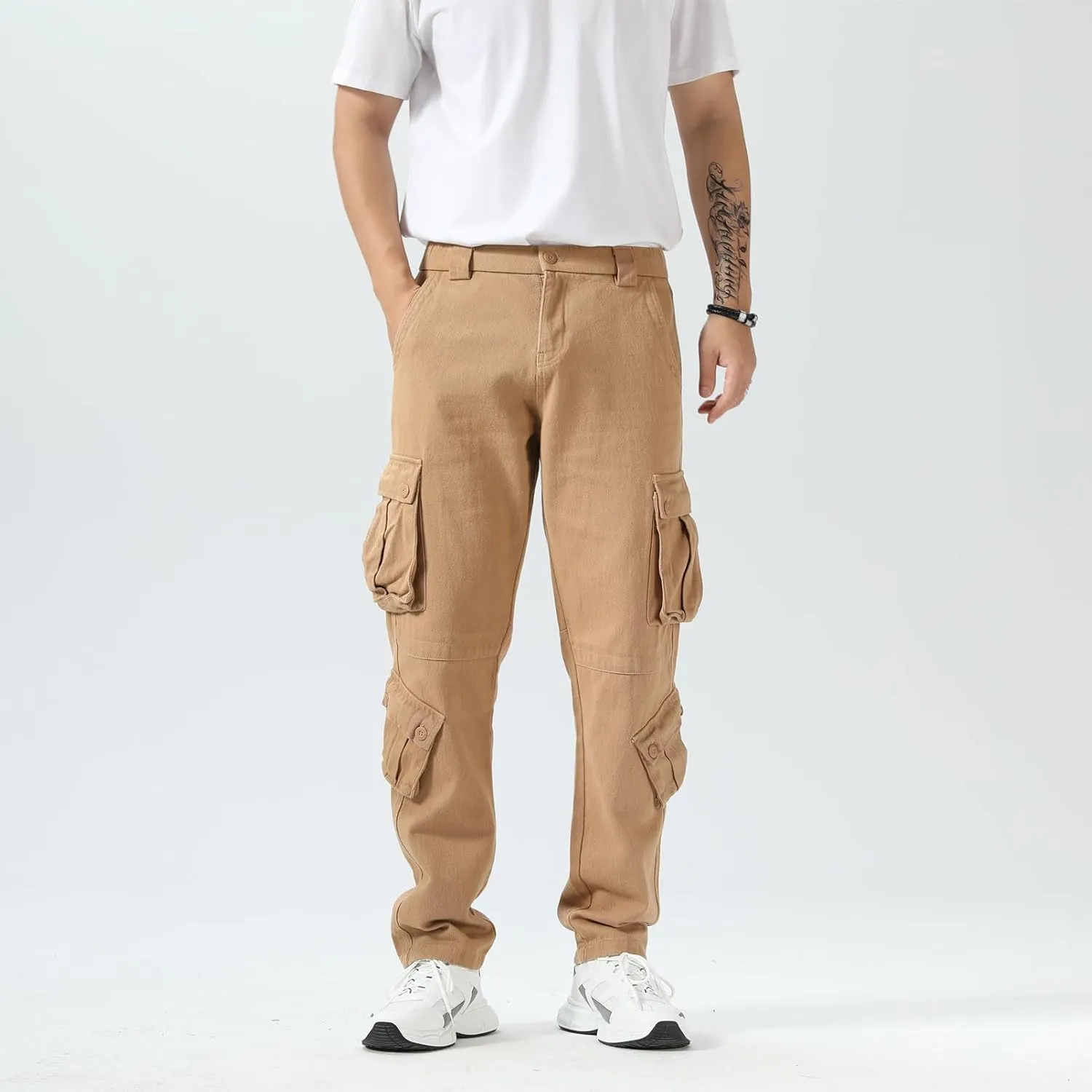 Plaid&Plain Cargo Pants for Men - Straight Fit with Extra Storage and Drawstring Tie