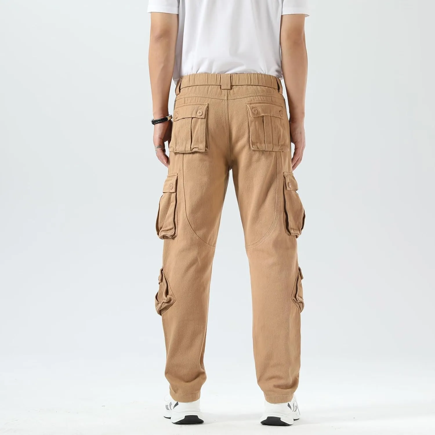 Plaid&Plain Cargo Pants for Men - Straight Fit with Extra Storage and Drawstring Tie