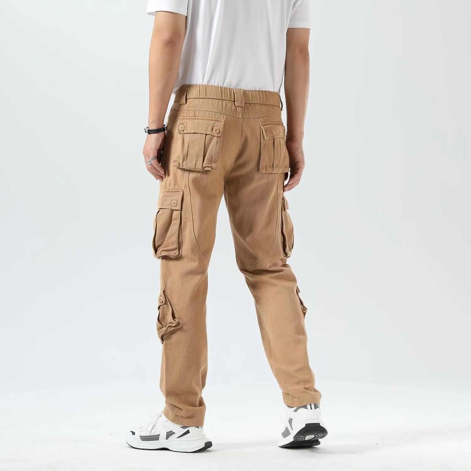 Plaid&Plain Cargo Pants for Men - Straight Fit with Extra Storage and Drawstring Tie