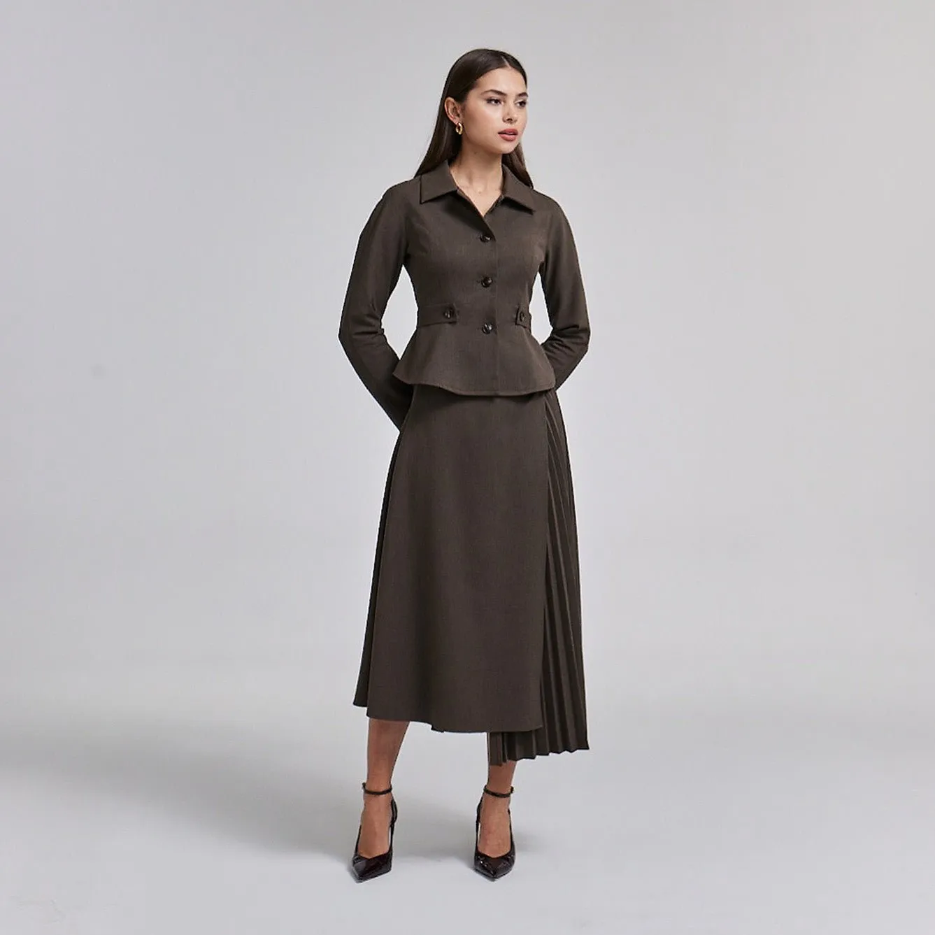 Pleated Asymmetric Wool Midi Skirt