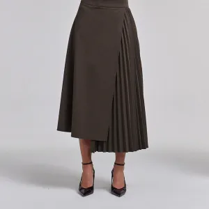Pleated Asymmetric Wool Midi Skirt