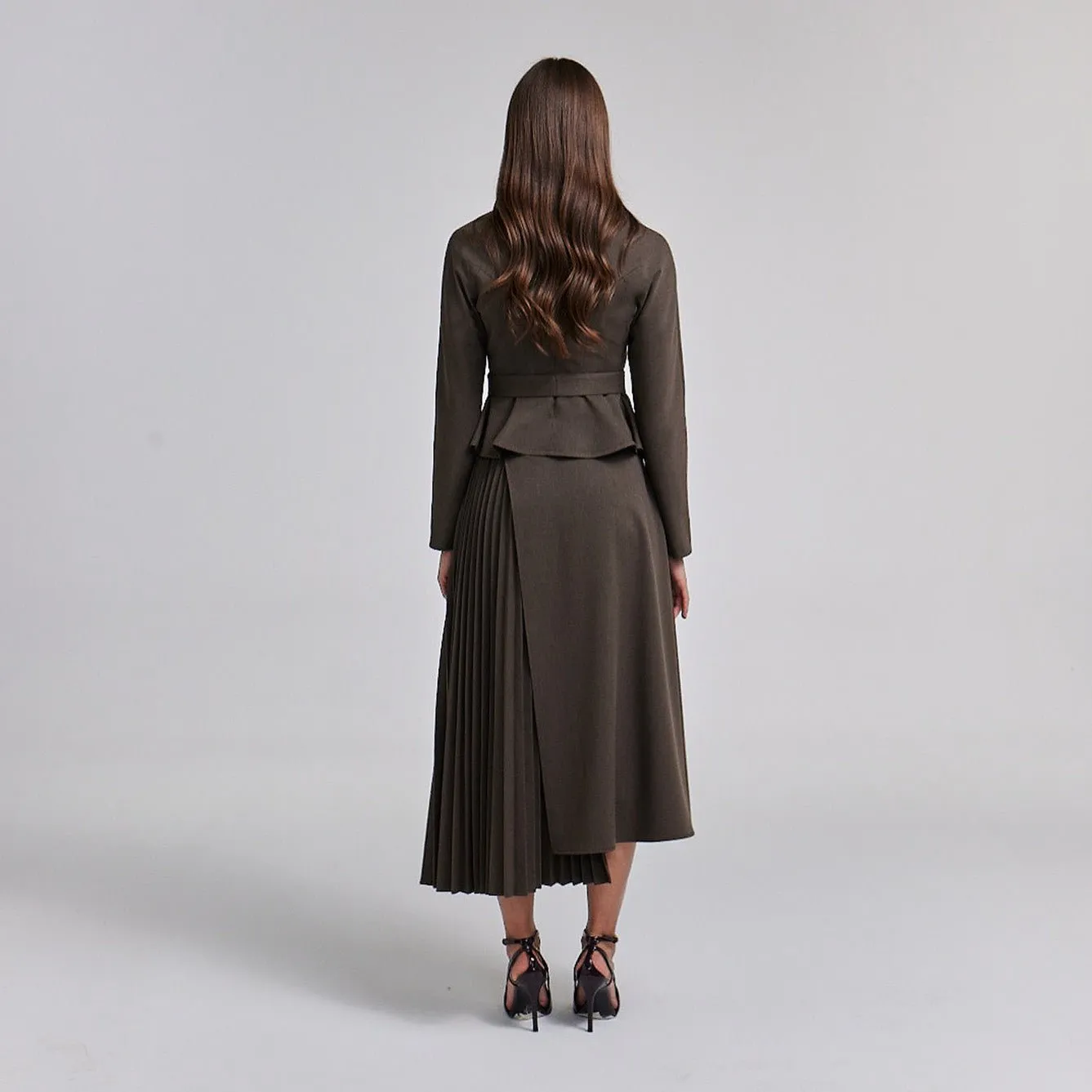 Pleated Asymmetric Wool Midi Skirt