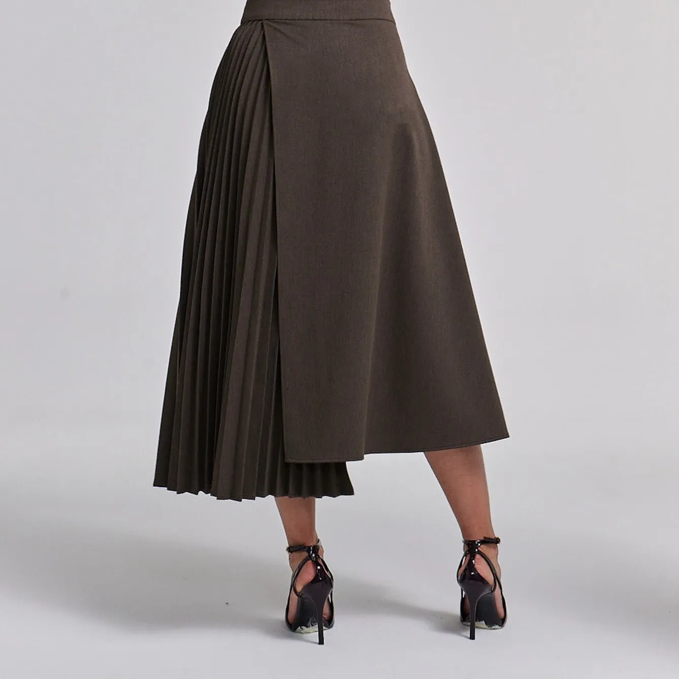 Pleated Asymmetric Wool Midi Skirt