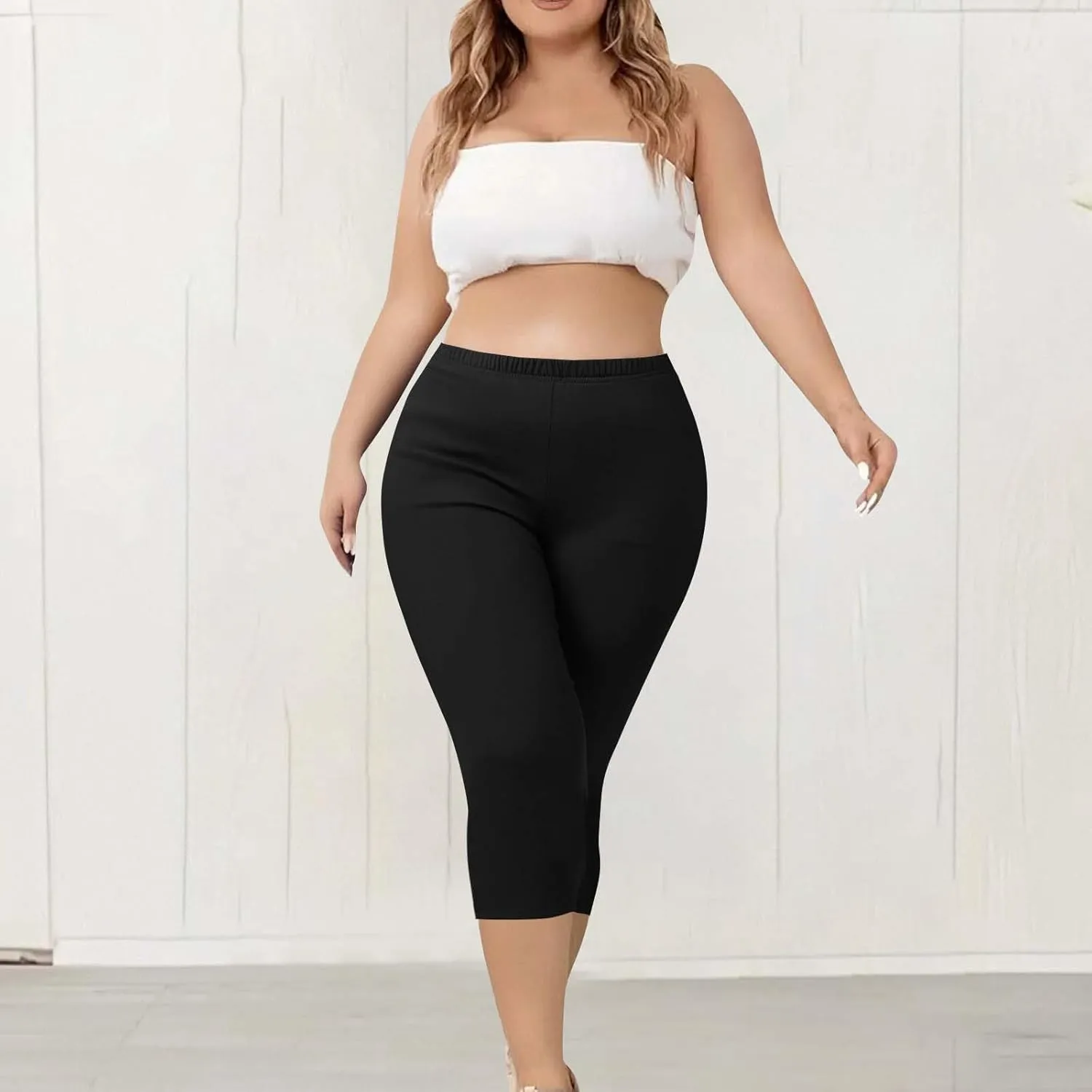Plus Size Capri Leggings for Women Tummy Control Stretchy Yoga Pant Elastic Waist Workout Pants Sporty Travel Outfits