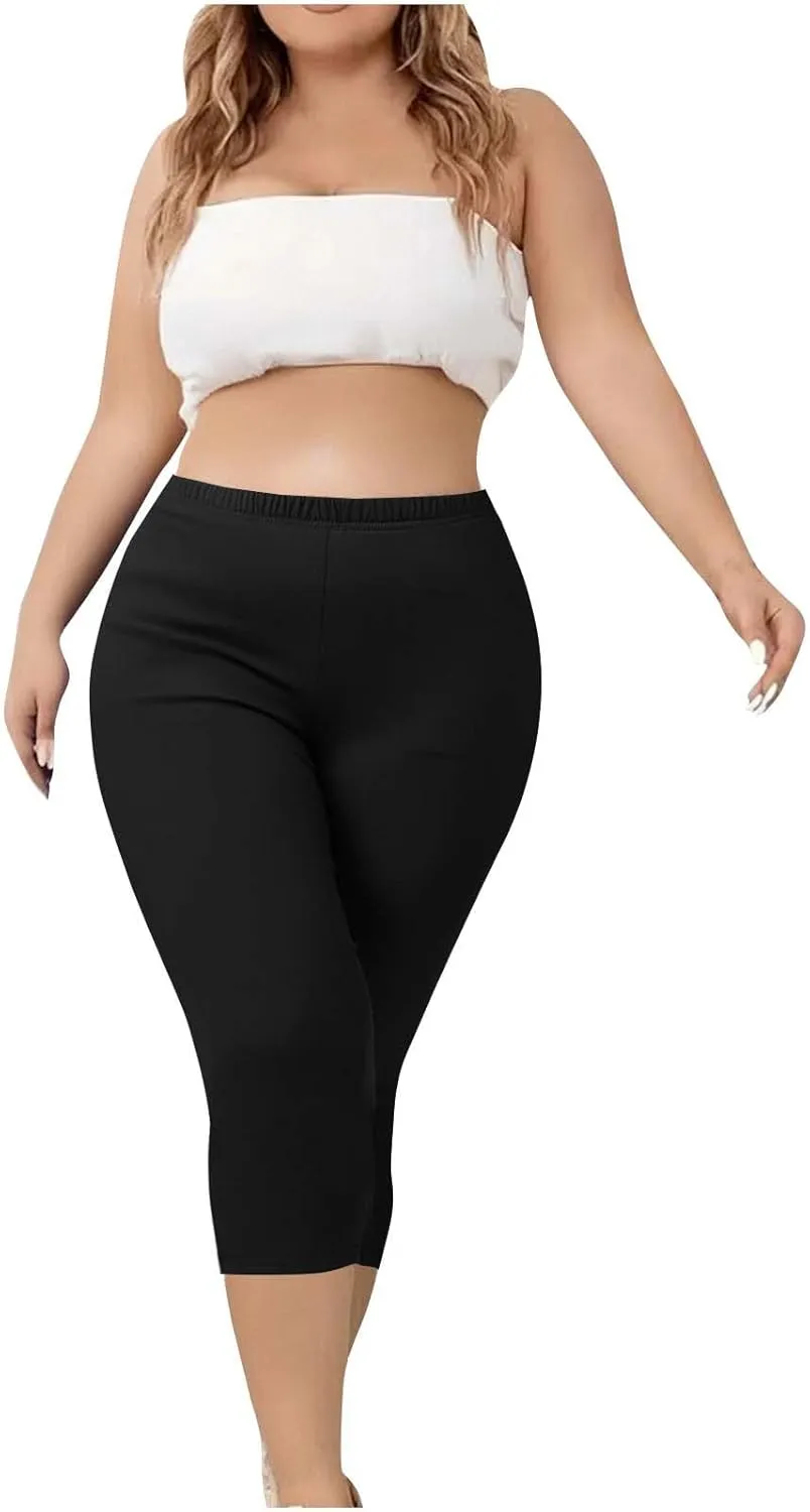 Plus Size Capri Leggings for Women Tummy Control Stretchy Yoga Pant Elastic Waist Workout Pants Sporty Travel Outfits