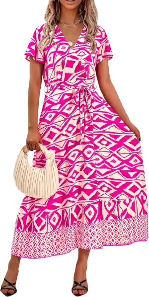 PRETTYGARDEN Women Boho Summer Side Split Deep V Neck Short Sleeves Maxi Dress with Belt