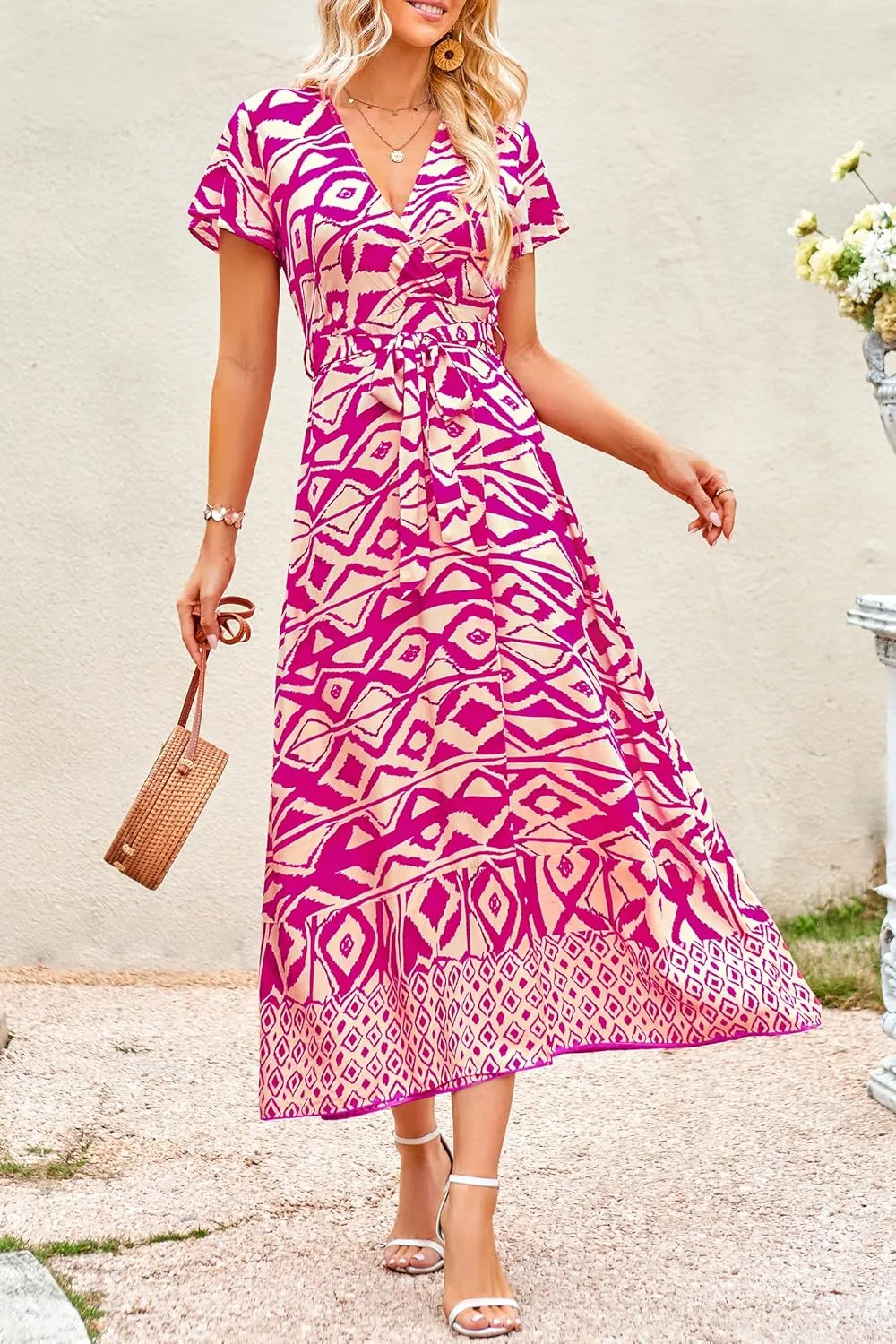 PRETTYGARDEN Women Boho Summer Side Split Deep V Neck Short Sleeves Maxi Dress with Belt