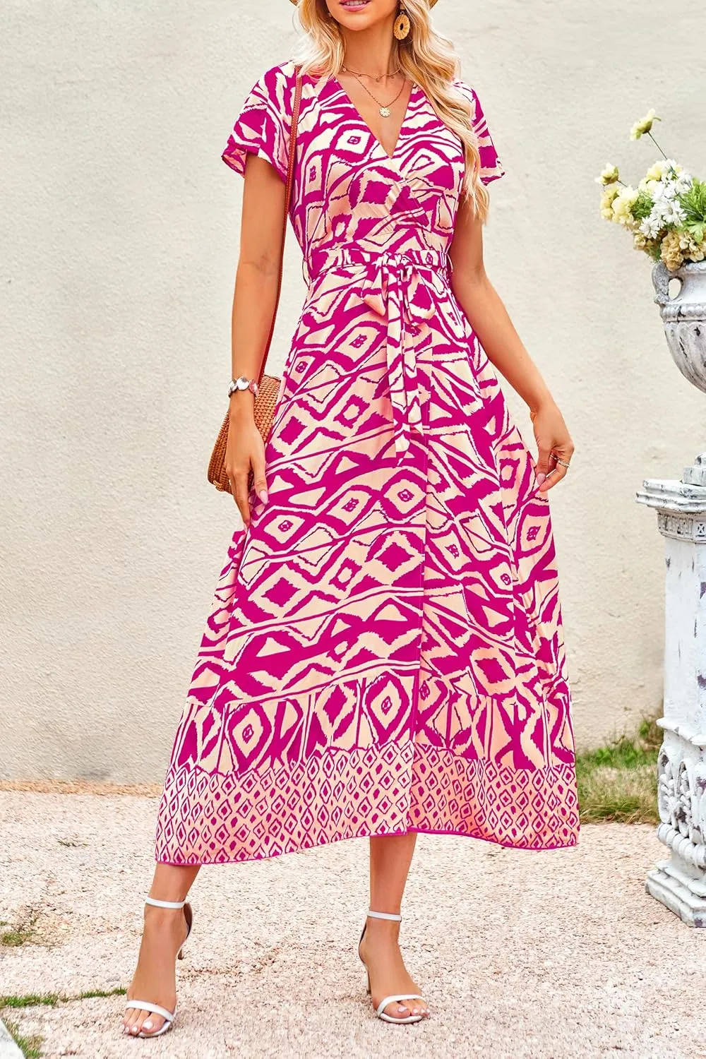 PRETTYGARDEN Women Boho Summer Side Split Deep V Neck Short Sleeves Maxi Dress with Belt