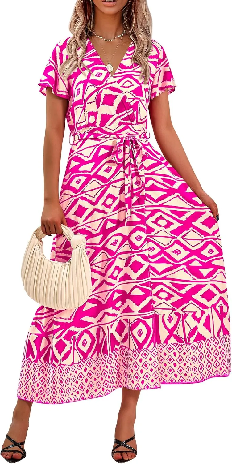 PRETTYGARDEN Women Boho Summer Side Split Deep V Neck Short Sleeves Maxi Dress with Belt