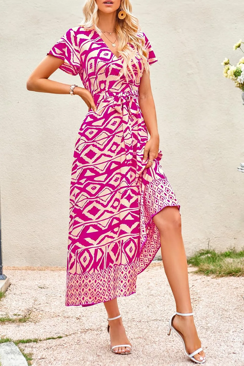 PRETTYGARDEN Women Boho Summer Side Split Deep V Neck Short Sleeves Maxi Dress with Belt