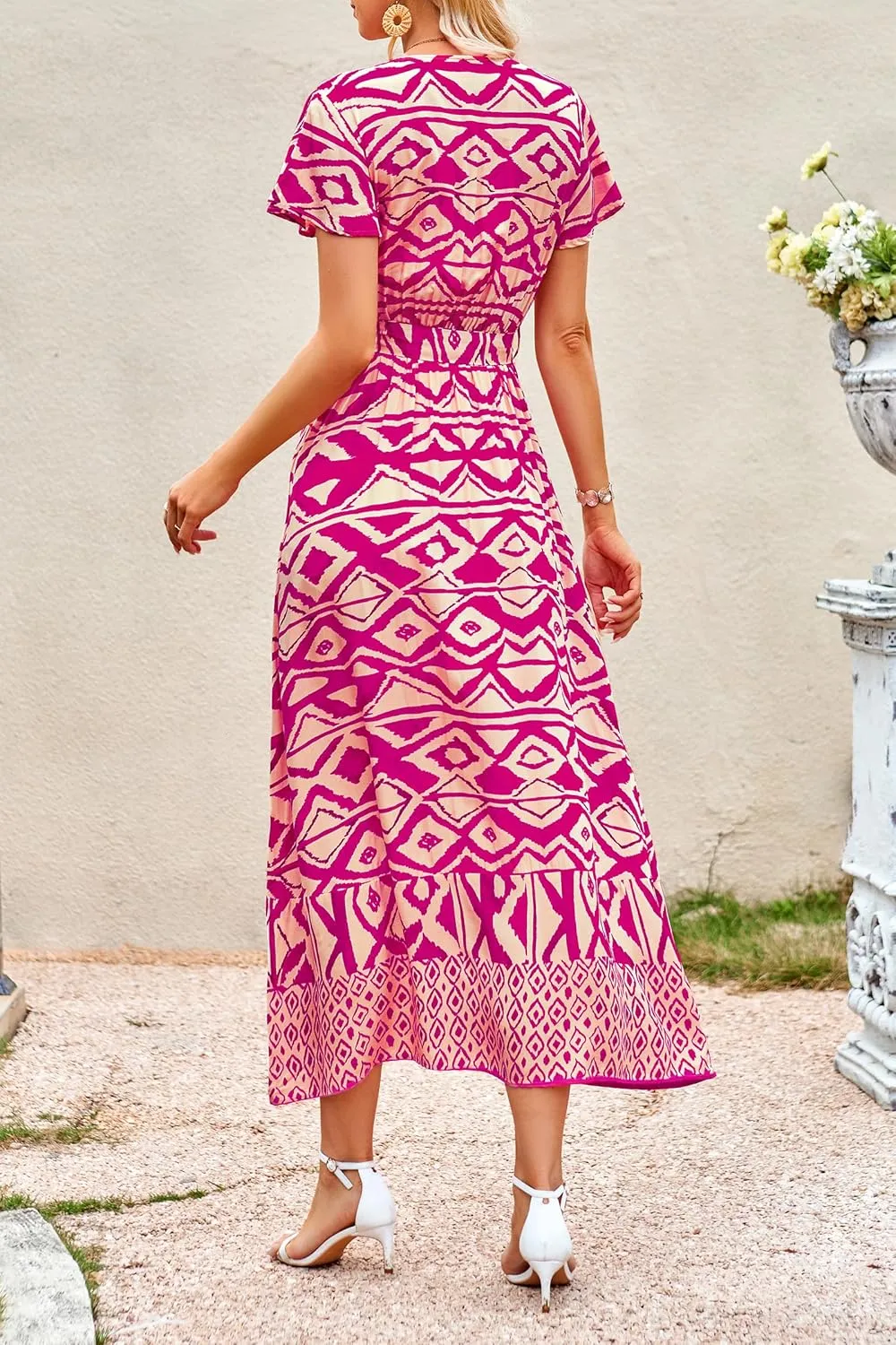 PRETTYGARDEN Women Boho Summer Side Split Deep V Neck Short Sleeves Maxi Dress with Belt