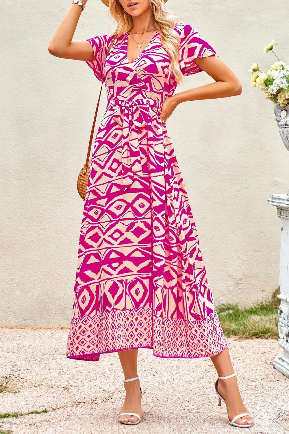 PRETTYGARDEN Women Boho Summer Side Split Deep V Neck Short Sleeves Maxi Dress with Belt