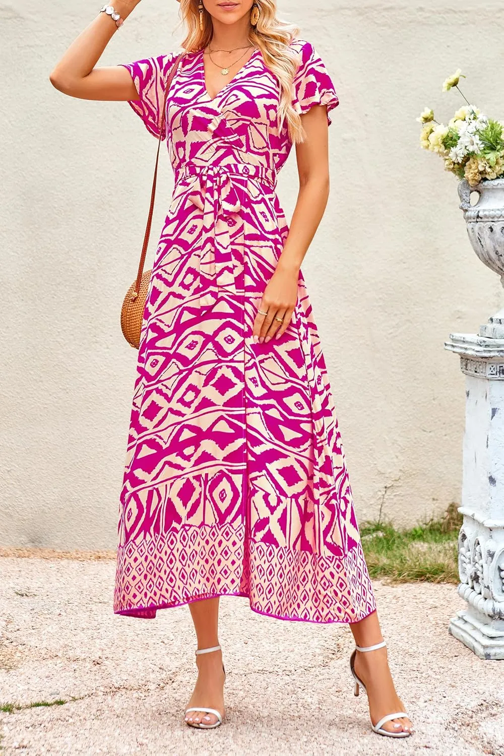 PRETTYGARDEN Women Boho Summer Side Split Deep V Neck Short Sleeves Maxi Dress with Belt
