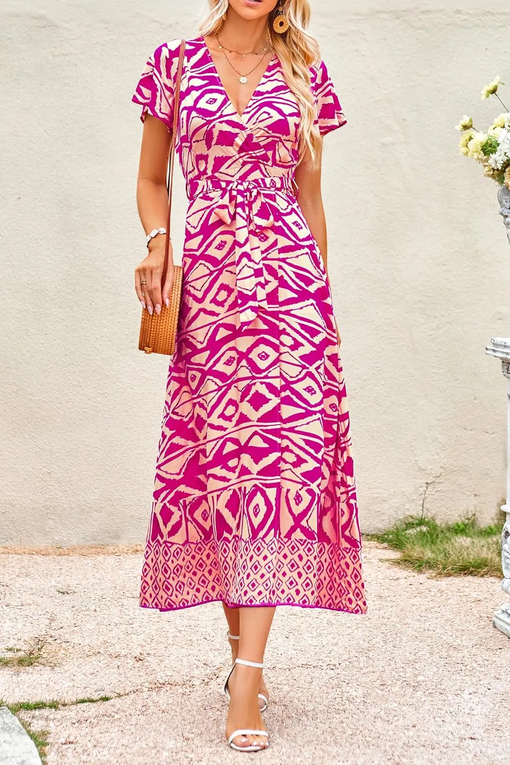 PRETTYGARDEN Women Boho Summer Side Split Deep V Neck Short Sleeves Maxi Dress with Belt