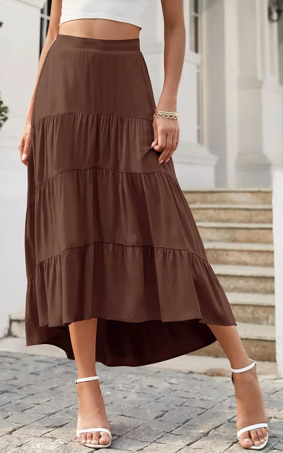 PRETTYGARDEN Women's Ditzy Floral Print Midi Skirt Boho Elastic High Waist Long Skirts for Women Trendy High Low Hem