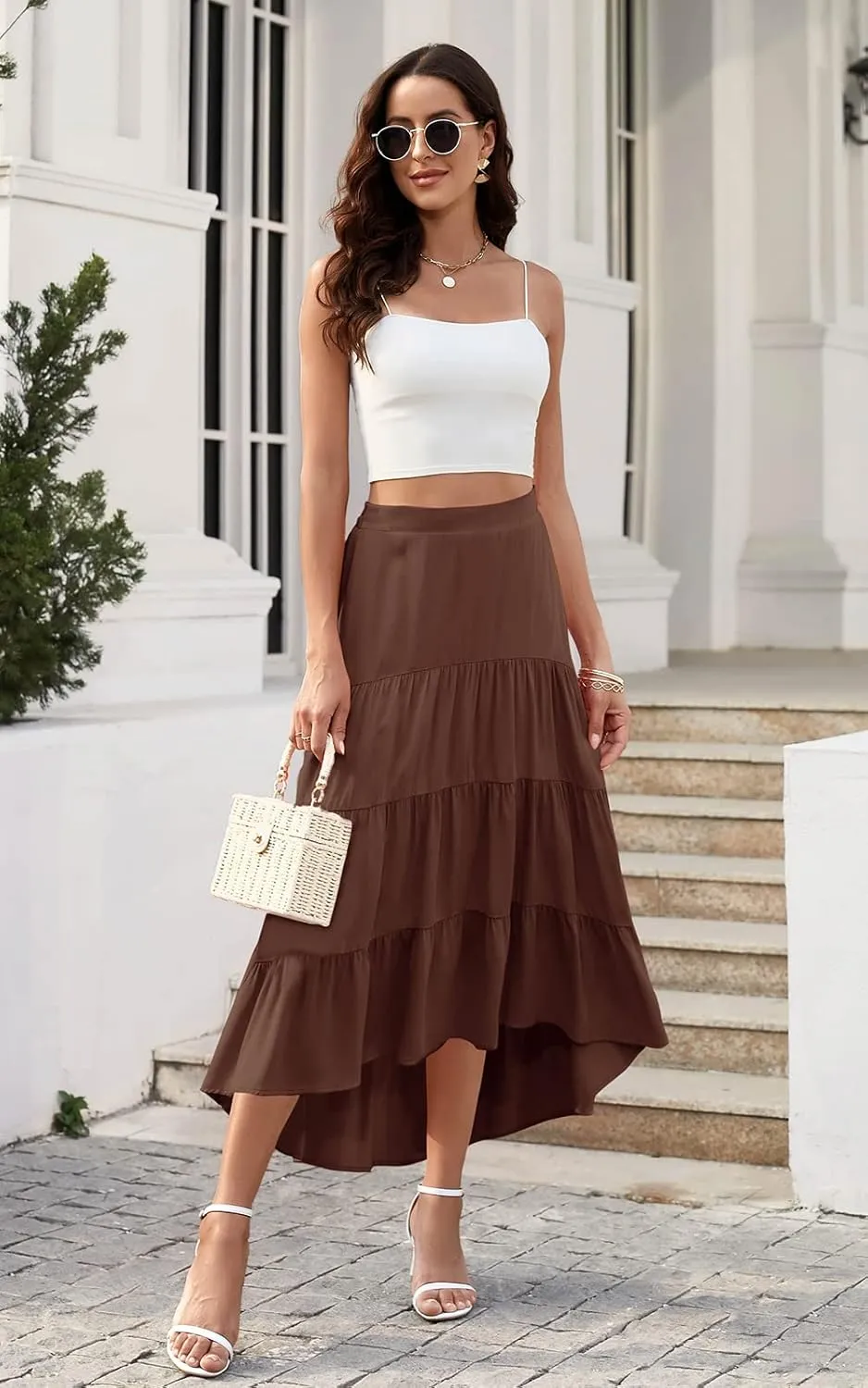 PRETTYGARDEN Women's Ditzy Floral Print Midi Skirt Boho Elastic High Waist Long Skirts for Women Trendy High Low Hem