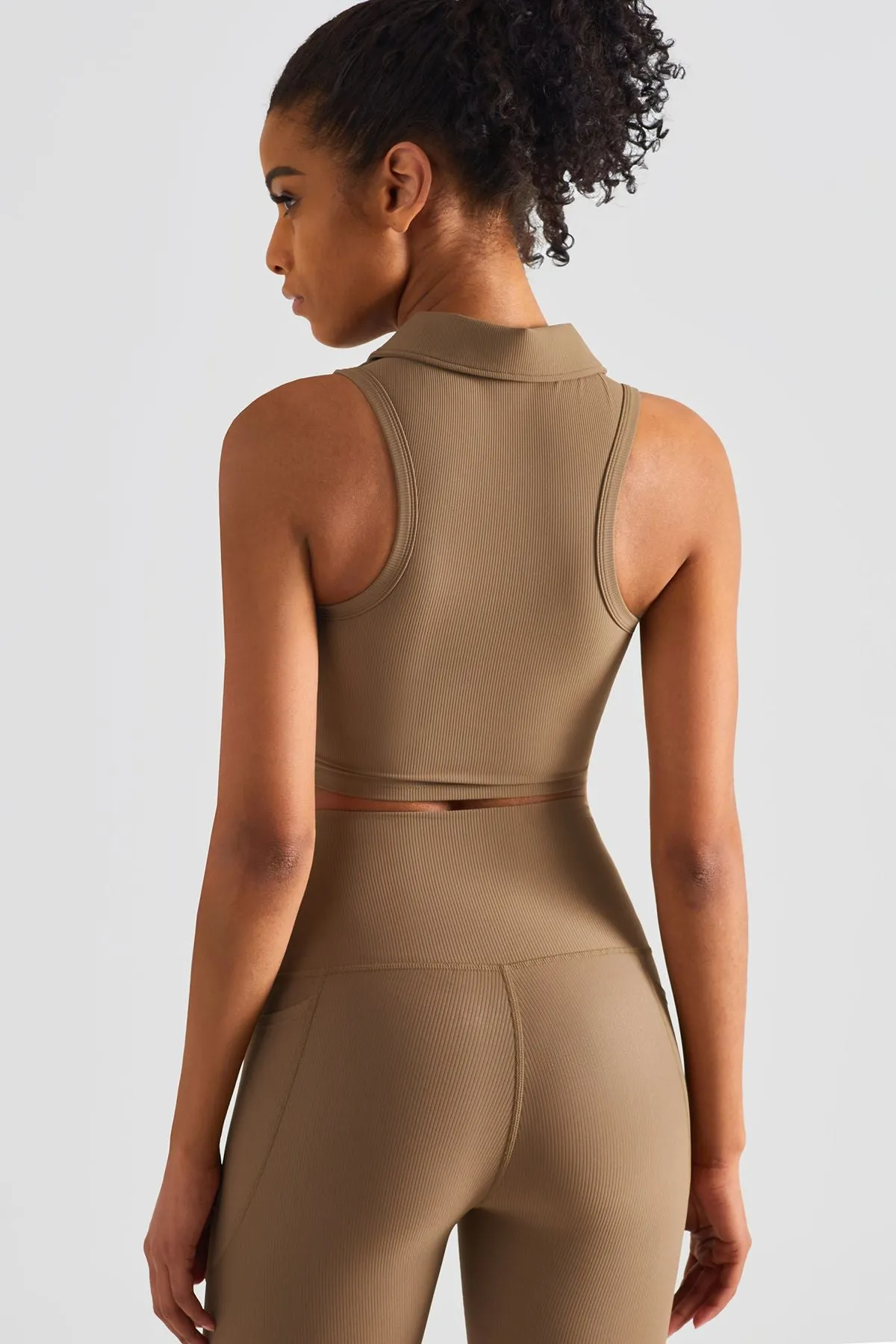 Ribbed Lapel Collar Crop Sleeveless Tank Tops
