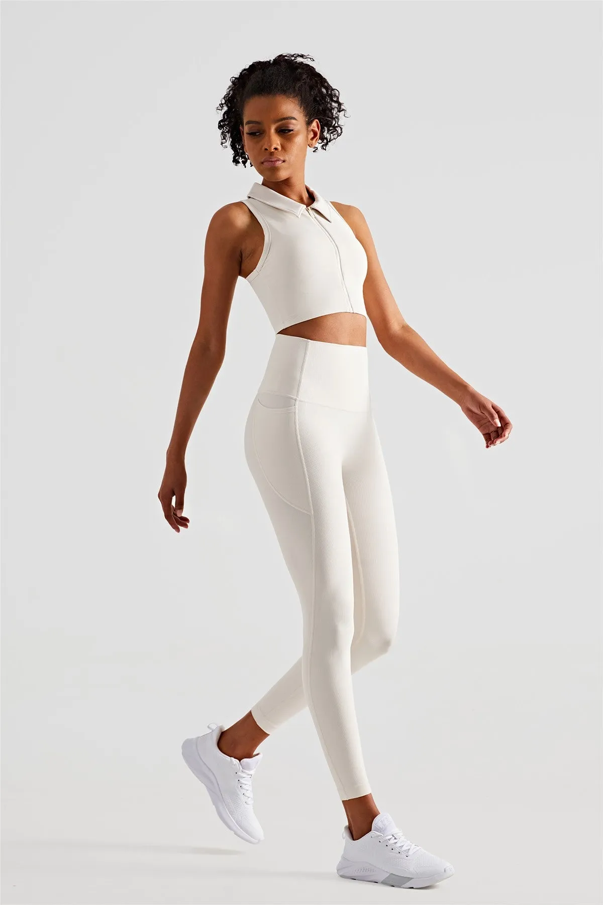 Ribbed Lapel Collar Crop Sleeveless Tank Tops